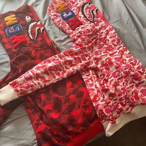 Pink and red double zip bape hoodies